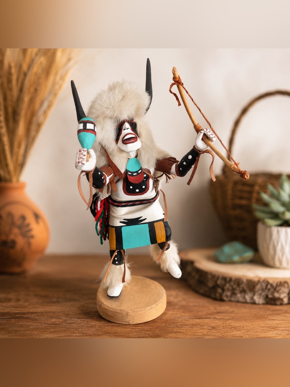 Vintage Native American Style Kachina Doll Buffalo Dancer Figurine Bow & Rattle